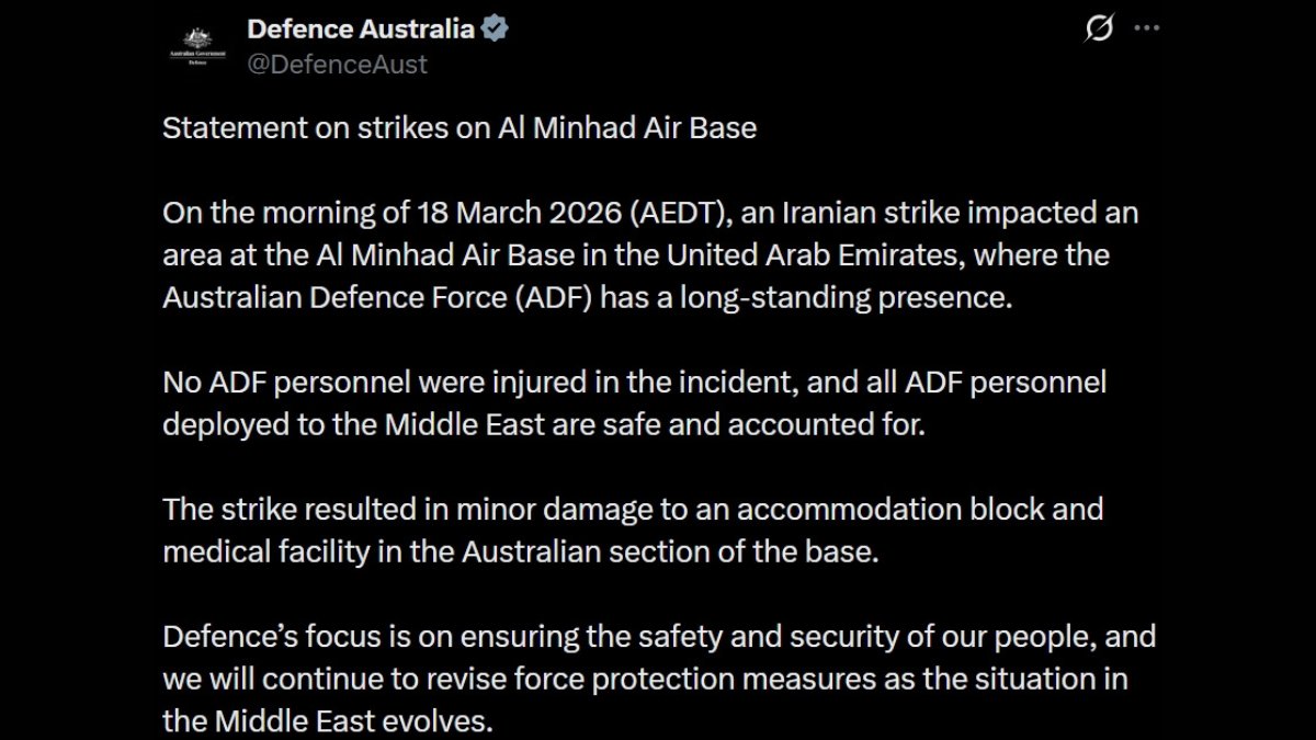 TheAusToday's tweet image. Al Minhad Air Base in the UAE, where Australian Defence Force personnel are stationed, was struck by Iran today. Prime Minister @AlboMP and @DefenceAust confirm all ADF personnel are safe.

Read more: theaustraliatoday.com.au/australian-lin…

@Pallavi_Aus @JitarthJai @DrAmitSarwal 

#ADF