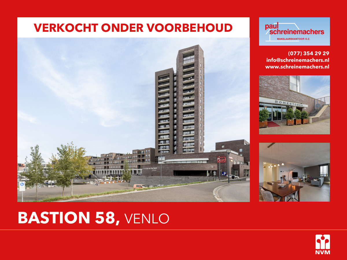 ❗VERKOCHT ONDER VOORBEHOUD❗
Bastion 58, Venlo

Via lift te bereiken op de 10de etage in hartje centrum van Venlo (Romertoren) gelegen appartement met energielabel A, schitterend panoramisch uitzicht over rivier de Maas en eigen aparte berging welke op de 2de etage is gelegen.