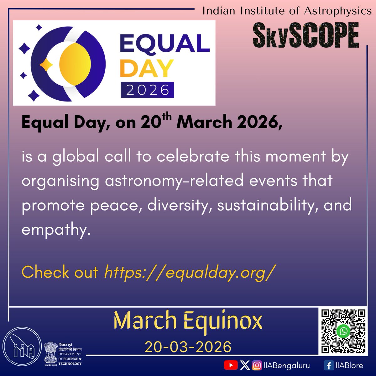 IIABengaluru's tweet photo. #SkySCOPE 20th March is the Equinox, with almost equal durations of day and night!
Check out https://t.co/eB304b6MCN for the Equal Day campaign ...
@IndiaDST @karandi65 @fiddlingstars @CosmosMysuru @kodaiastronomy @asipoec #EqualDay2026 https://t.co/iqp8Zvty9M
