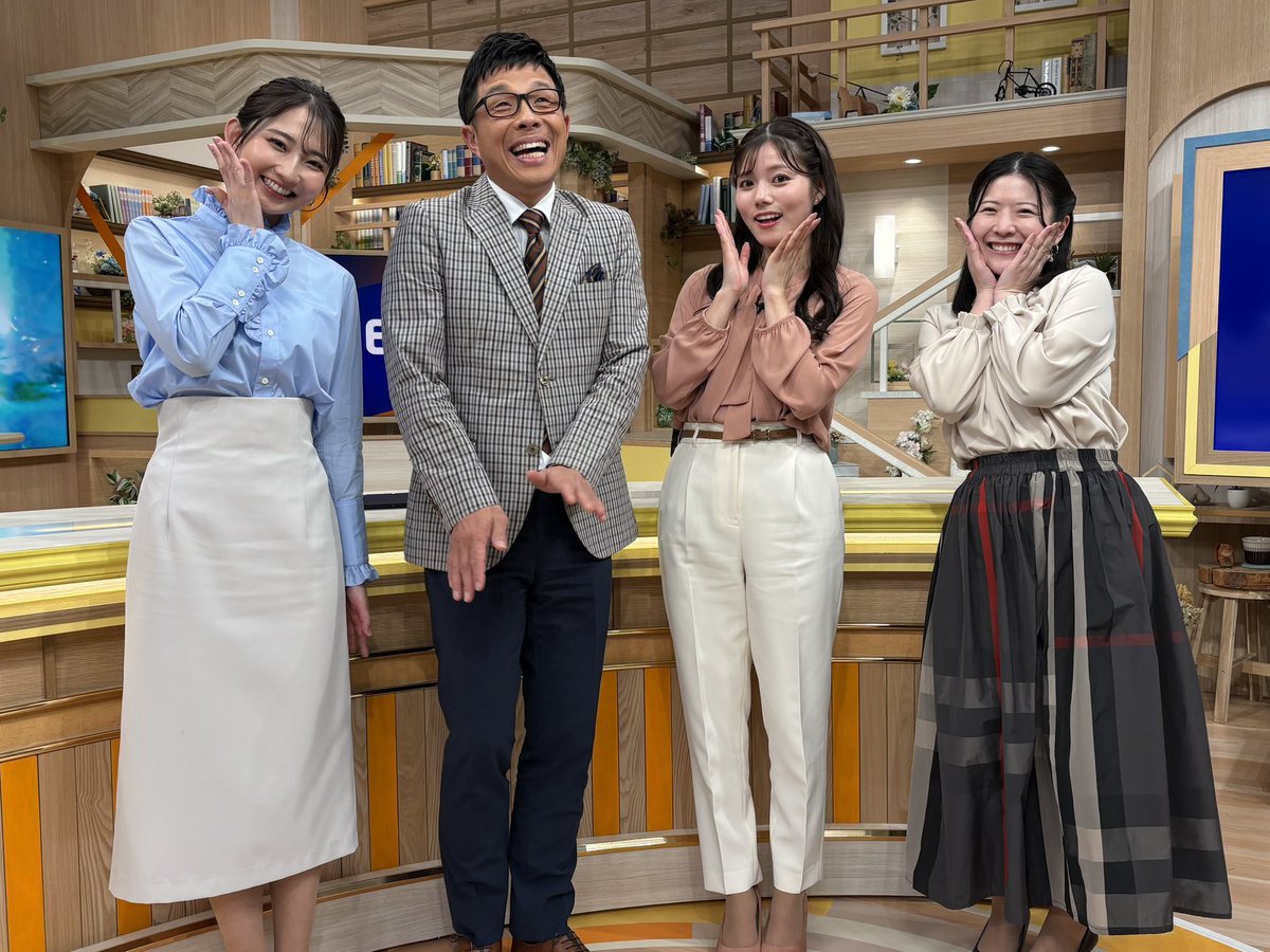 yurie_weather's tweet image. きのうのチャント！はメンズデーでしたが、きょうは若狭アナが両手に花の日でした🌸笑
友廣アナ、中村アナの衣装がキキララカラーでかわいい☺️♡
#CBC