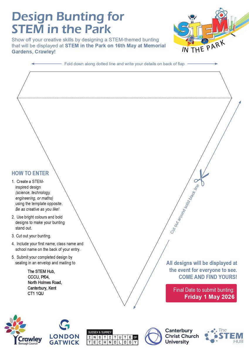 STEMHUB_SE's tweet photo. 🎨Show off your #STEM creativity! Children &amp; young people (up to 18) can design STEM-themed bunting to be displayed at #STEMInThePark26 #Crawley on 16 May. Open to schools &amp; home entries! Use template &amp; details.  Entries by: 1 May👉 https://t.co/4Pwjm6Ke4t #Teachers #Parents https://t.co/OJhaTti52i