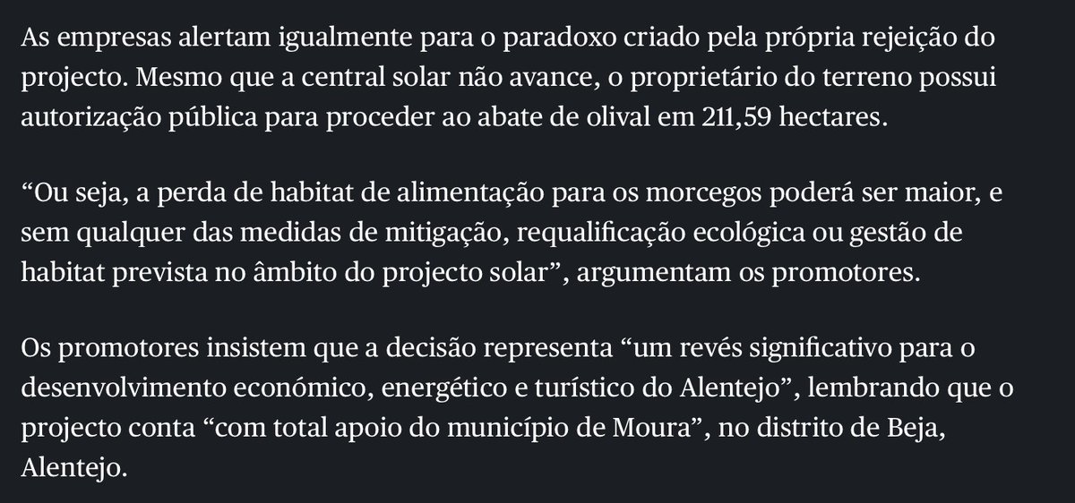 Paradoxo ambiental: rejeita-se um projeto solar com medidas de mitigação para proteger morcegos… mas sem o projeto solar perdem-se essas mesmas medidas de gestão e requalificação de habitat.

Resultado? Menos proteção, menos olival, menos habitat
🇵🇹🔆🫒🦇
publico.pt/2026/03/17/azu…