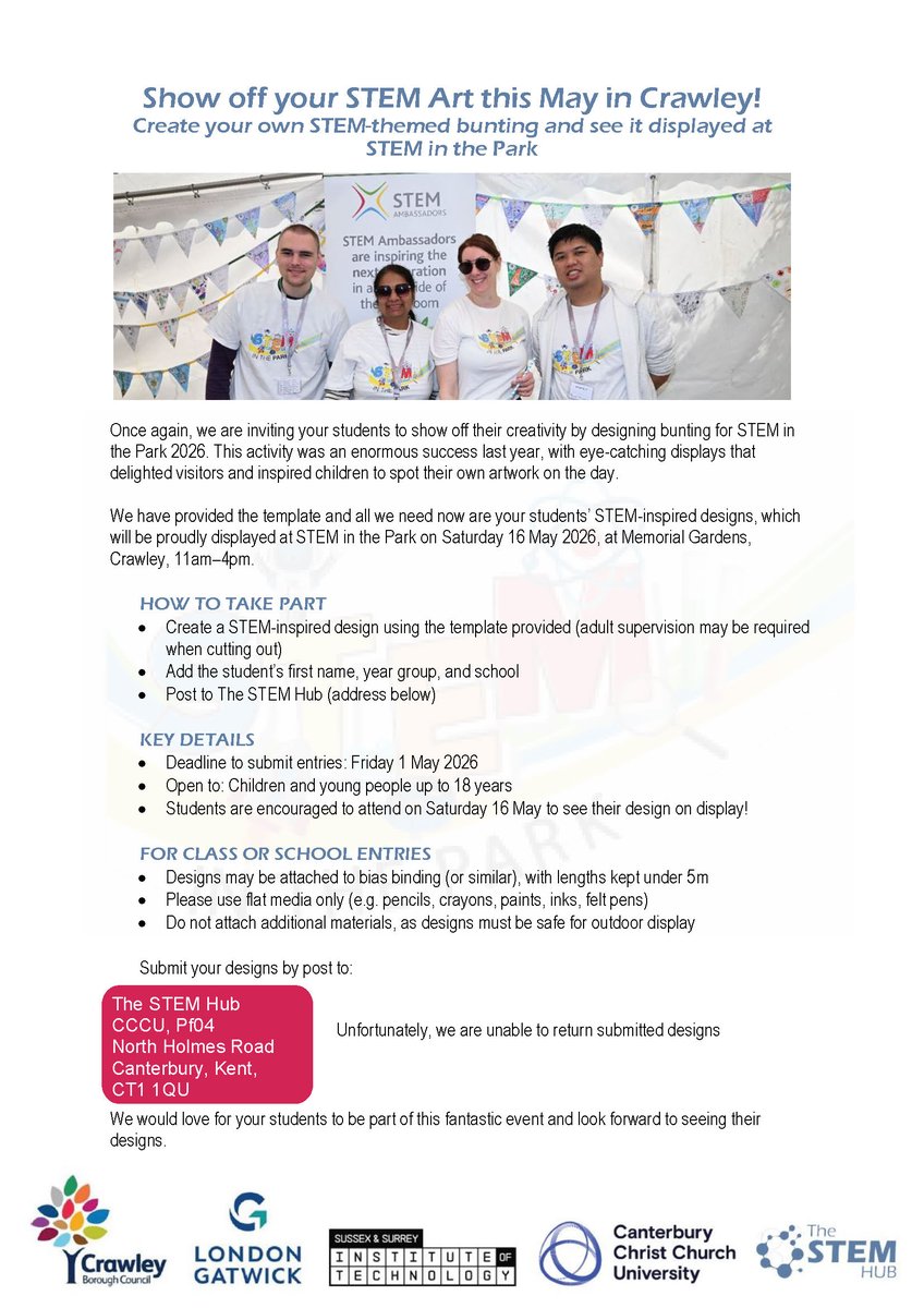 STEMHUB_SE's tweet photo. 🎨Show off your #STEM creativity! Children &amp; young people (up to 18) can design STEM-themed bunting to be displayed at #STEMInThePark26 #Crawley on 16 May. Open to schools &amp; home entries! Use template &amp; details.  Entries by: 1 May👉 https://t.co/4Pwjm6Ke4t #Teachers #Parents https://t.co/OJhaTti52i