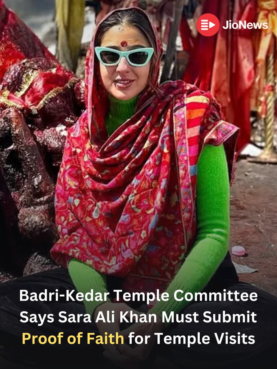 JioNews's tweet photo. Actor Sara Ali Khan has landed in controversy over her visits to Kedarnath and Badrinath temples after Badri-Kedar Temple Committee chairman Hemant Dwivedi said she must submit an affidavit proving her faith before future visits.
#SaraAliKhan #Kedarnath #Badrinath #TempleRow #BKTC #IndiaNews