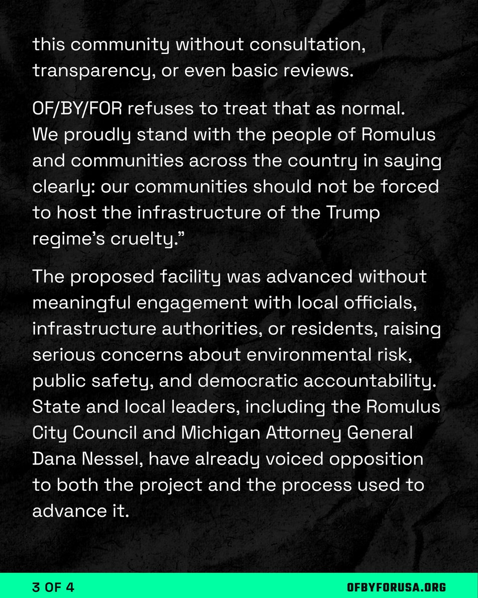 ofbyforusa's tweet photo. They tried to drop an ICE detention facility into Romulus without consultation or transparency.

We’re calling it what it is: a modern-day concentration camp.

We’re not staying quiet.

#ICE #ChingaLaMigra #FuckICE https://t.co/G3zamdZmip