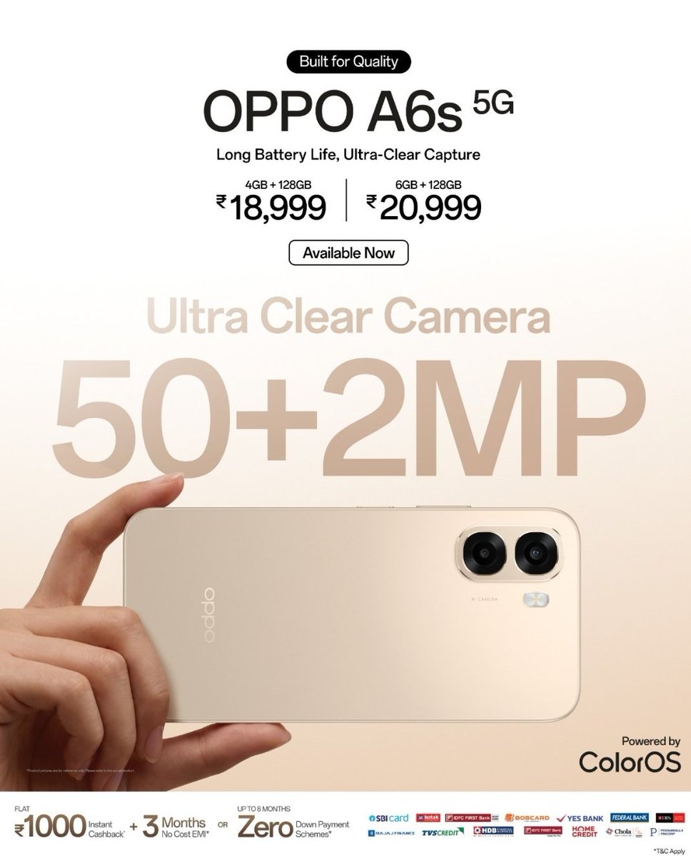 ShubhamTech458's tweet photo. OPPO A6s 5G launched in India starting at ₹18,999.
It offers a big battery, smooth performance and a 50MP camera.
Available on Amazon, Flipkart and offline stores. #OppoA6s https://t.co/taUGd601Kh