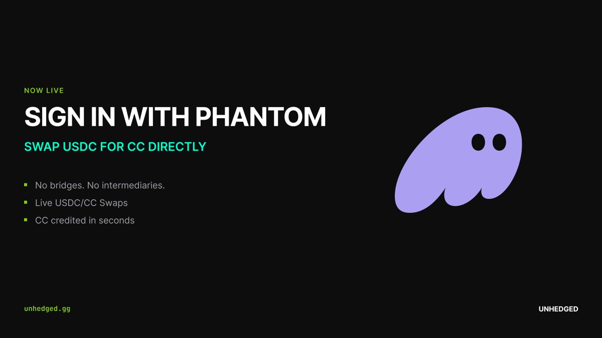 <a href="/phantom/">Phantom</a> wallet integration is coming to @unhedged_cc.

Sign in with your #Solana wallet.
Deposit 5 USDC + place your first trade - get 3 CC on us.
Come back within 7 days - earn 7 more CC.

Solana speed meets Canton privacy.

Details soon.

#Unhedged #Phantom #PredictionMarkets