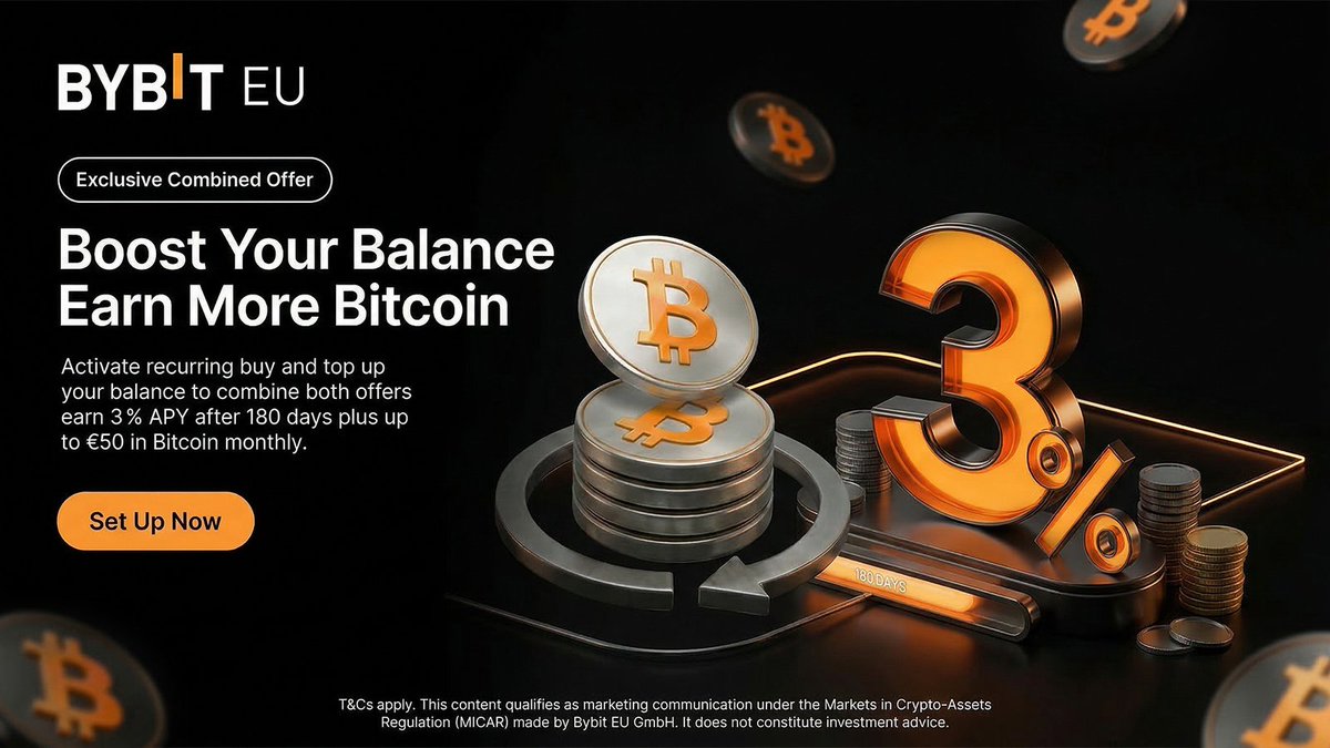 Don't forget to boost your balance to earn more Bitcoin.

Activate recurring buy and top up your account to combine both offers:
• 3% APY after 180 days
• Up to €50 in Bitcoin monthly

Smarter structure. More potential upside.

Set it up now.