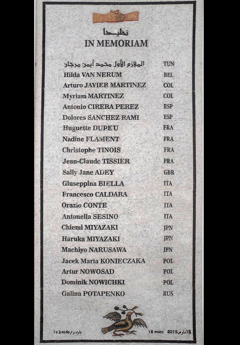 Il y a 11 ans, le 18 mars 2015, l'attentat perpétré au musée du #Bardo à #Tunis en #Tunisie, revendiqué par l'#EI, faisait 22 morts dont 4 Français (Huguette Dupeu, Nadine Flament, Christophe Tinois, Jean-Claude Tissier) et 48 blessés #NeverForget