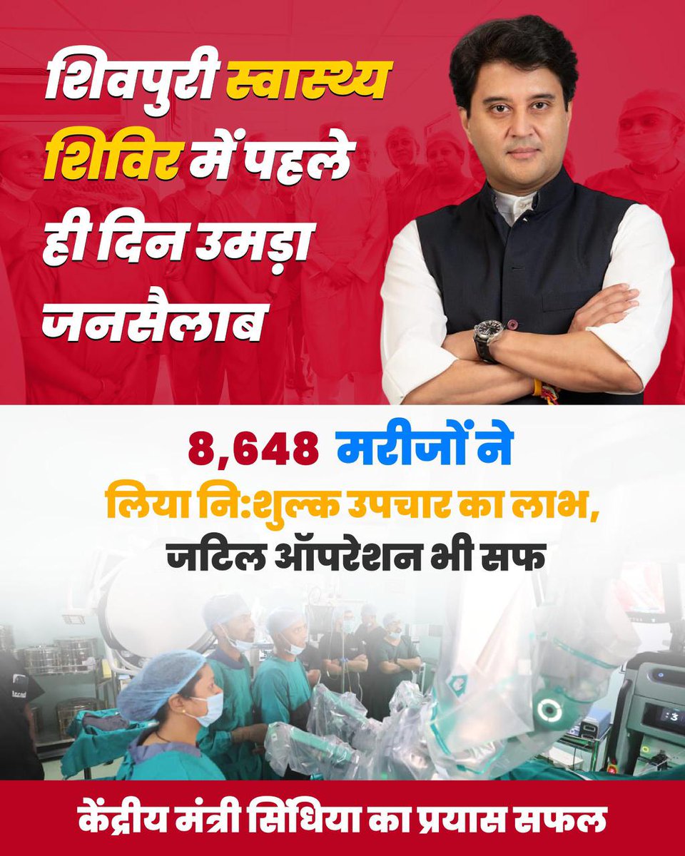 शिवपुरी स्वास्थ्य शिविर में पहले ही दिन उमड़ा जनविश्वास🙏
8,648 मरीजों ने निःशुल्क उपचार का लाभ लिया,साथ ही जटिल ऑपरेशन भी सफलतापूर्वक संपन्न हुआ <a href="/JM_Scindia/">Jyotiraditya M. Scindia</a> जी के प्रयासों सेआधुनिक चिकित्सा सुविधाएँ अब आमजन तक पहुँच रही हैं सेवा संवेदनशीलता और समर्पण का सशक्त उदाहरण 🇮🇳✨