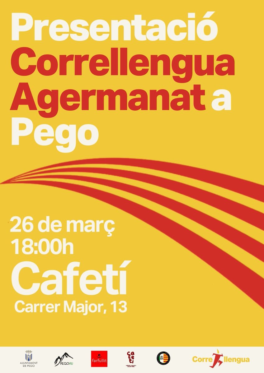 🔥EL CORRELLENGUA AGERMANAT 2026 arriba a Pego amb moltes novetats!

És per això que vos convoquem a la presentació per informar-vos dels actes que es realitzaran i com podreu participar.

🔈 La flama de la llengua vos necessita🔈