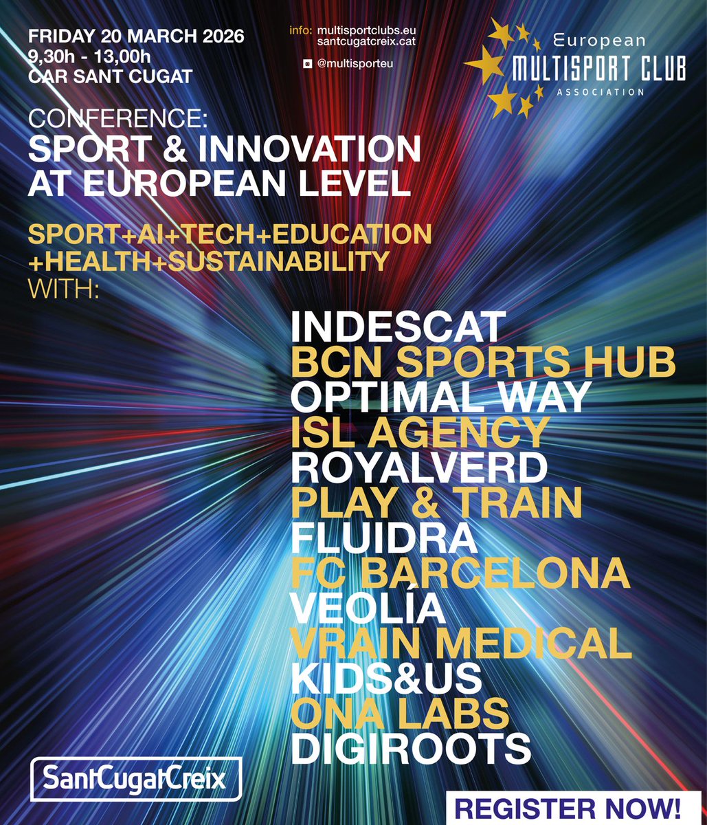 SantCugatCreix's tweet photo. 🗣️ Sport&amp;Innovation at European Level - @MultisportEU Innovation Conference!

🔗 Inscripcions a: https://t.co/y1lJjrUnfa .

📅 Divendres 20 de març, al @CARSantCugat .

😀 No et quedis sense plaça!

#EMCA #SportInnovation #SantCugat #SportsTech #Innovation #EuropeanSport https://t.co/L11MliBp0h