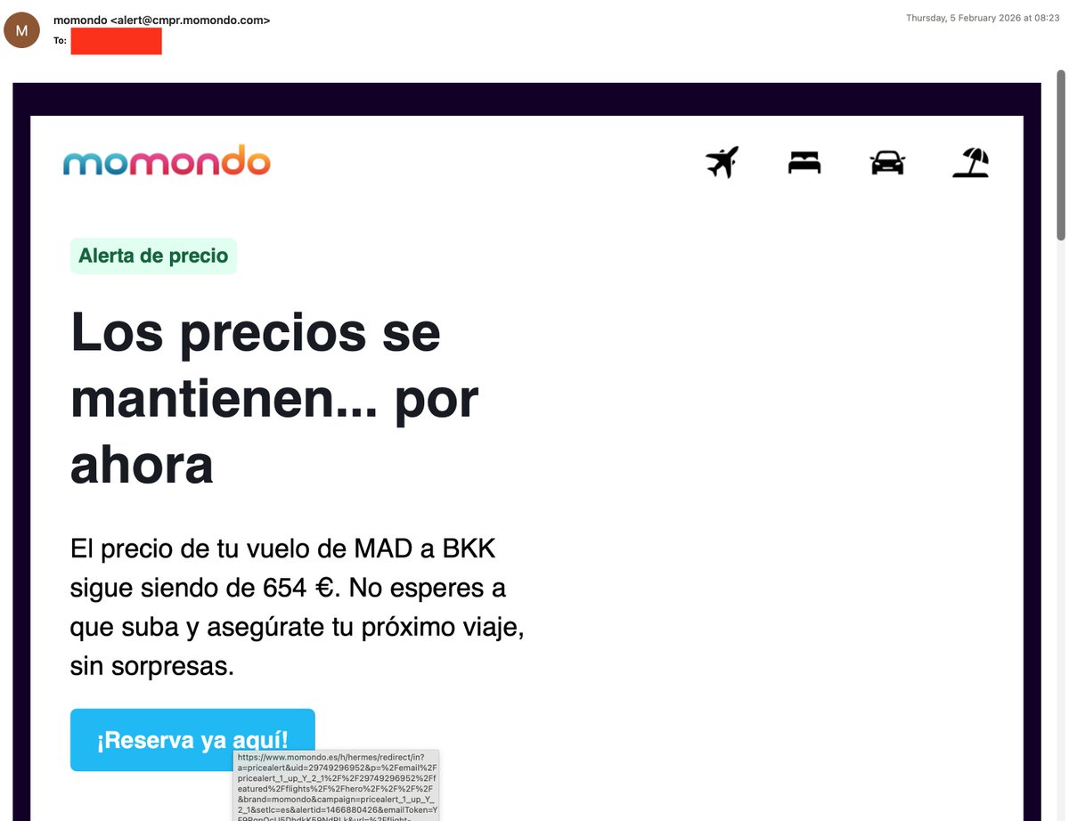 horaciolupi's tweet photo. Los precios de ciertos billetes de avión (como este de Madrid a Bangkok) han subido. 

5 de febrero de 2026: 654 €
16 de marzo de 2026: 1.875 €

Incremento: 1.221 € → una subida del +186,7% en tan solo 39 días. https://t.co/QOG9a1XTy6