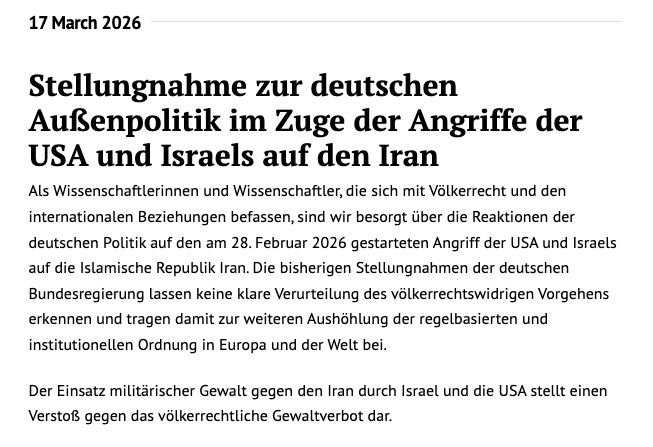 Eine Stellungnahme mit deutschen Kollegen in Rechts- und Politikwissenschaften zu der fehlgeleiteten deutschen Außenpolitik im Kontext des völkerrechtswidrigen Angriffs auf den Iran.
