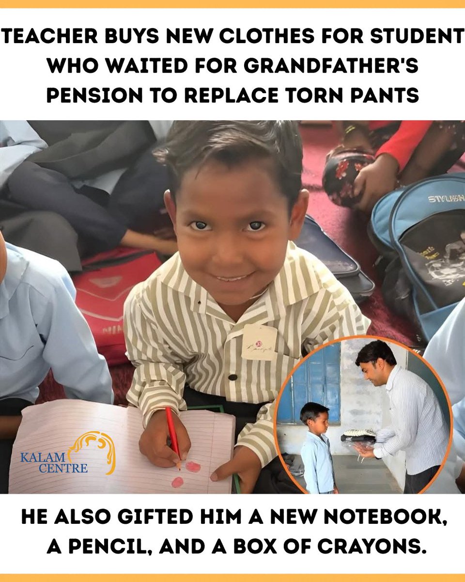 KalamCenter's tweet photo. Sometimes, the most powerful lessons in a classroom aren’t written on the blackboard.

In a government school, a simple question from a teacher uncovered a silent struggle.

When Shubham Sherwal noticed a young boy, Raj, out of uniform, he gently asked why.
The child, with quiet honesty, shared that his clothes were torn… and he was waiting for his grandfather’s pension to buy new ones.

No complaints. No demands. Just patience.

But this time, someone chose not to overlook it.

Instead of moving on, the teacher chose to act.

The very next day, he returned with a new uniform, along with notebooks, pencils, and crayons — not as charity, but as care.

And in that moment, Raj’s smile said everything words couldn’t.

Because sometimes, the smallest gestures don’t just solve problems…
they restore dignity, hope, and a child’s belief in kindness.

Not every hero stands on a stage.
Some stand quietly in classrooms, changing lives one student at a time.

#KindnessMatters #RealLifeHeroes #TeacherImpact #InspiringIndia #SmallActsBigChange