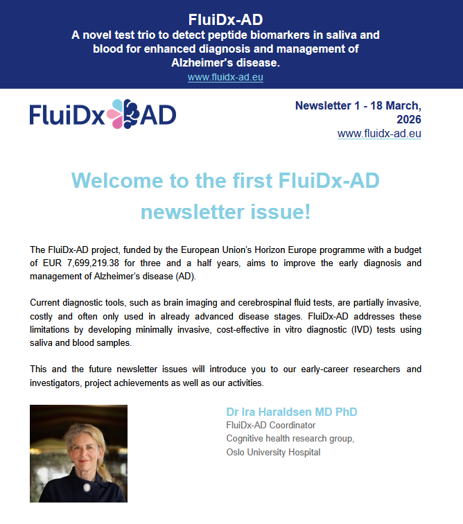 FluiDxAD's tweet photo. Our first #FluiDxAD newsletter is out
@FluiDxAD, funded by Horizon Europe, is developing minimally invasive saliva- and blood-based tests to support earlier diagnosis &amp; management of Alzheimer’s disease.
Read: https://t.co/D7564BsMt5 
Subscribe: https://t.co/OO4KRnVGql https://t.co/88So16WcSg