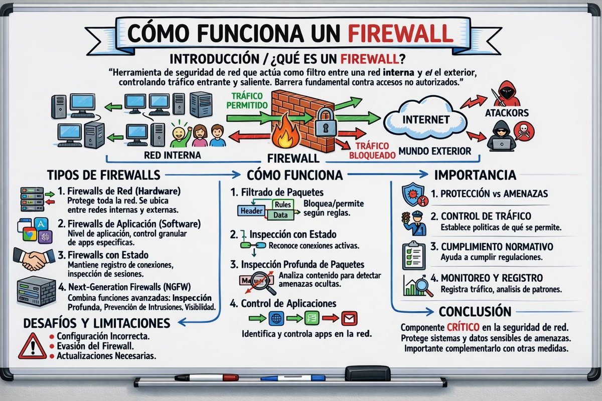 Configurar un Firewall es obligatorio, pero entender cómo funciona es lo que marca la diferencia entre una red segura y una vulnerable. 

Repasamos los tipos, funciones y la importancia crítica del cumplimiento normativo.📌#Ciberseguridad #CyberSecurity #InfoSec #HackingEtico