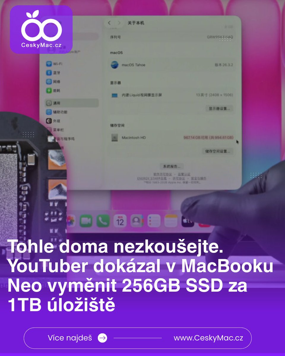 Tohle doma fakt nezkoušejte! 🚫 Jeden odvážný YouTuber dokázal nemožné – v MacBooku Neo „napevno“ vyměnil 256GB SSD za 1TB. 🛠️
ceskymac.cz/tohle-doma-nez…