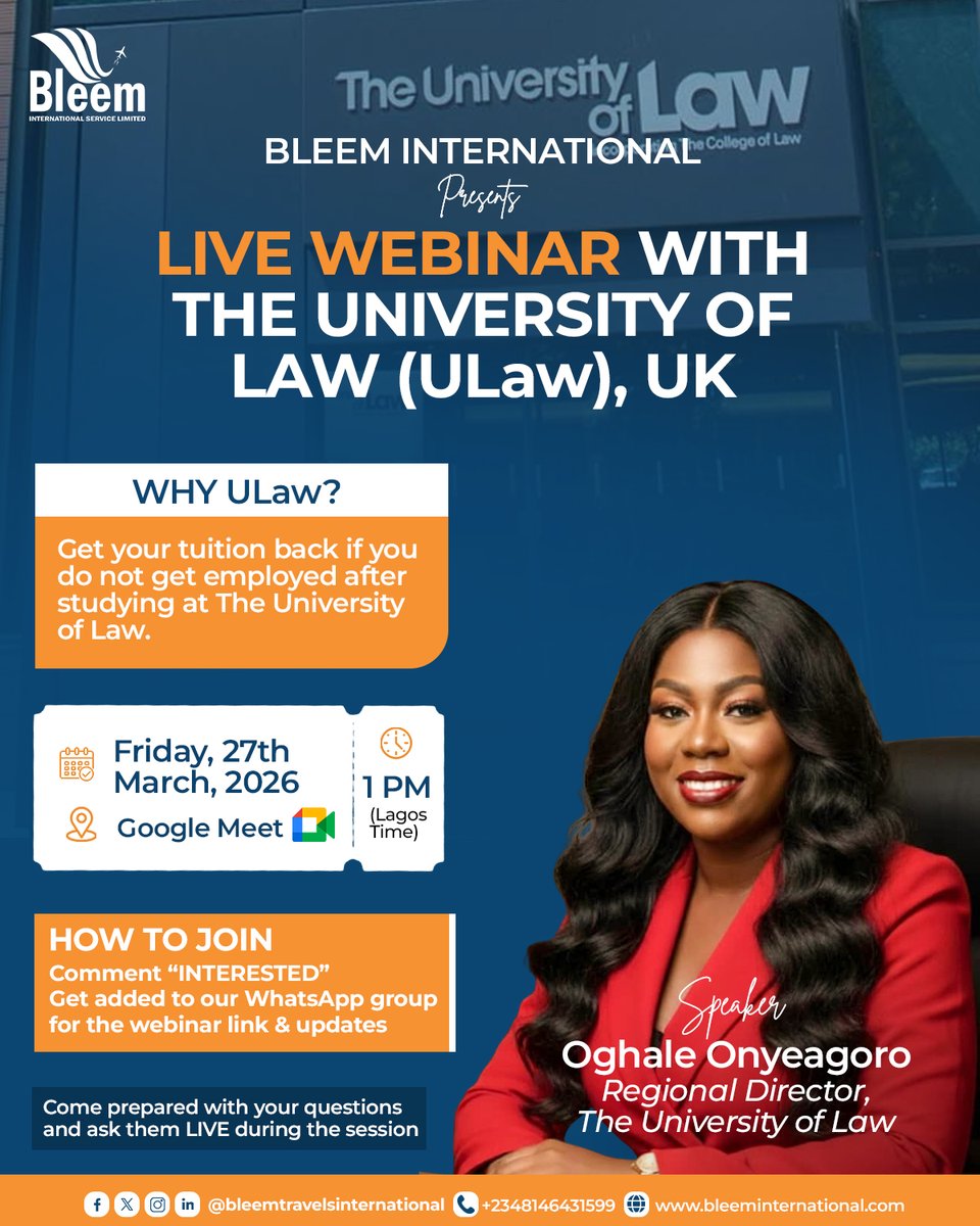 BleemTravels's tweet photo. 🎓 Study Law in the UK 🇬🇧

Join our LIVE Webinar with The University of Law (ULaw)
with the Regional Director, Oghale Onyeagoro

🗓️ March 27 | ⏰ 1PM (Lagos)
👉 Comment INTERESTED
Get the WhatsApp link + updates

📞 +2348146431599

#StudyInUK #BleemInternational #ULaw NIKITA https://t.co/dwX8G2zkOj