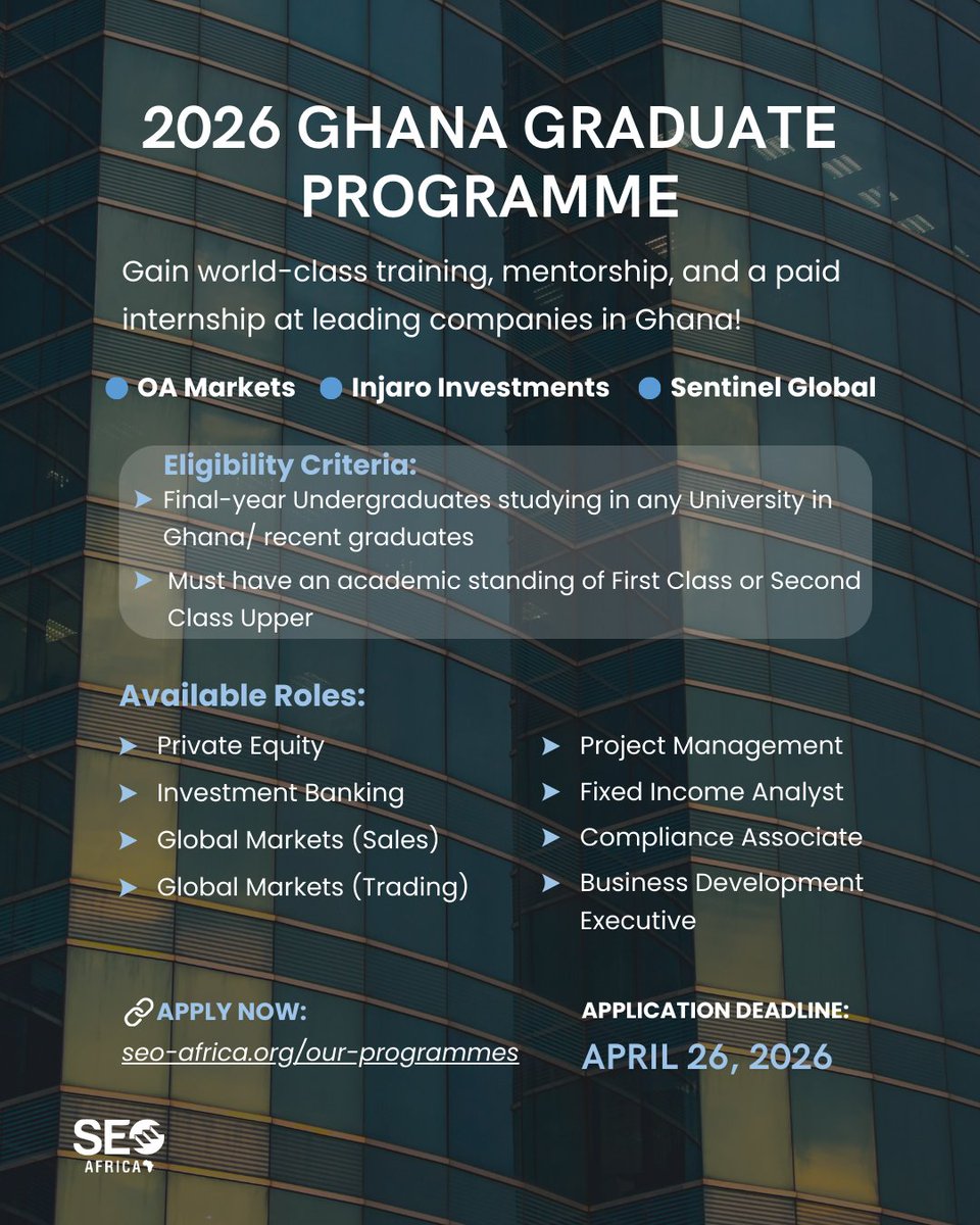 Are you a final-year student or a recent graduate with a passion for excellence? The 2026 Ghana Graduate Programme is officially open for applications!

Get access to world-class training, high-impact mentorship, and a paid internship with leading companies in Ghana.

Available
