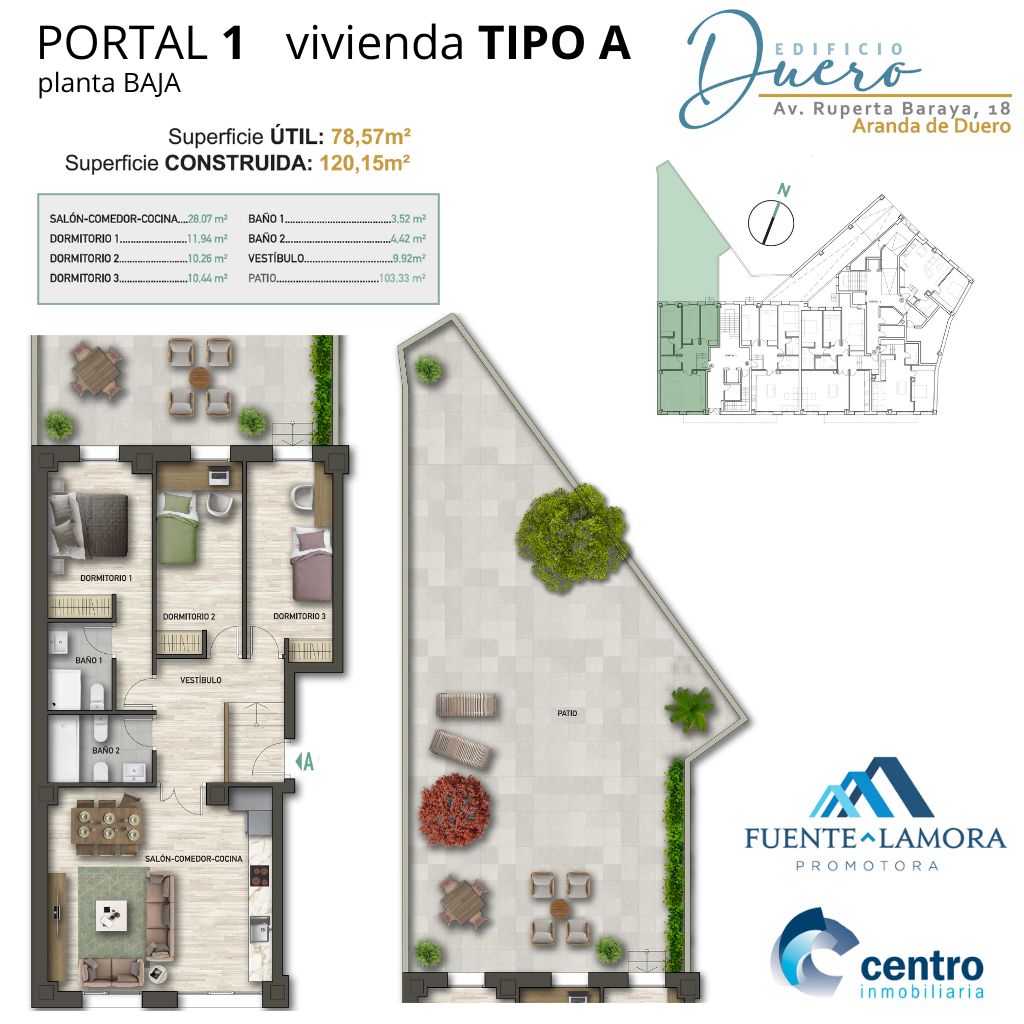 #Promoción en #ArandadeDuero: EDIFICIO DUERO #Viviendas de nueva generación. Máxima eficiencia energética y clasificación ‘A’. Portal 1, Tipo A,  Planta baja. Salón-comedor-cocina, 3 dormitorios, 2 baños y patio. 78,57m2 útiles y 120,15m2 construidos ...en promocionesaranda.es