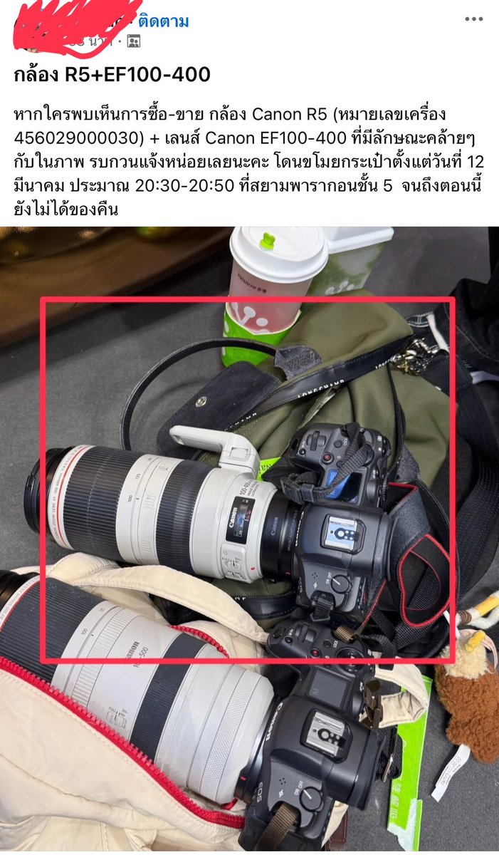 Rent_by_Pao's tweet photo. ‼️ ขออนุญาตช่วยลูกค้าตามหา กล้องและเลนส์ R5+Canon 100-400Lii ตามในภาพนะครับ 
R5 : serial number 456029000030 หายวันงาน 9Entertain 12 มีนาคม 2569 สยามพารากอน ชั้น 5 หากมีใครพบเห็น หรือเห็นเหตุการณ์ แจ้งมาในนี้ได้เลยนะครับ ขอให้ได้คืนไวไว  🙏🏻🙏🏻

❌❌ เป็นเรื่องที่แจ้งเตือนกันมาโดยตลอด มิจฉาชีพ จะชอบแฝงตัวเข้ามาปะปนกับแฟนคลับ ให้ลูกค้าระมัดระวังสิ่งของมีค่าด้วยนะครับ ไม่วางกระเป๋ากล้องจองที่ กระเป๋าของมีค่าไว้ห่างจากตัวเด็ดขาดนะครับ เพราะมันอยุ่ในสายตาของมิจฉาชีพตลอดเวลา ❌❌

#เช่ากล้อง #เช่าเลนส์ #กล้องหาย #โจร #ซื้อขายกล้อง