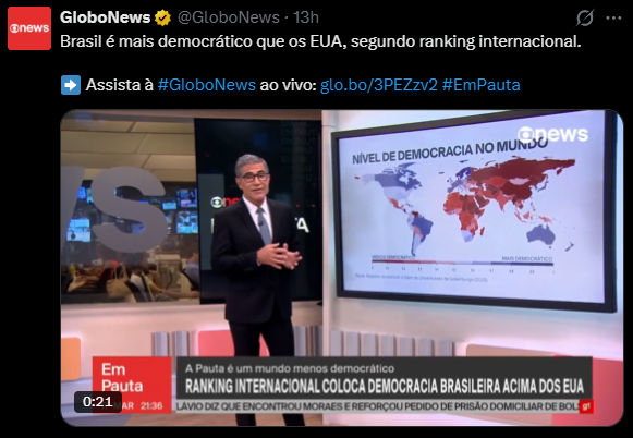 Tiraram da cadeia um sujeito condenado pelo maior escândalo de corrupção da história e colocaram na presidência, censurando, e metendo 15 anos de cana em opositores.

Mas o Brasil é mais "democrático" que os EUA... pode confiar nos esquerdopatas que fizeram o ranking. 🤡