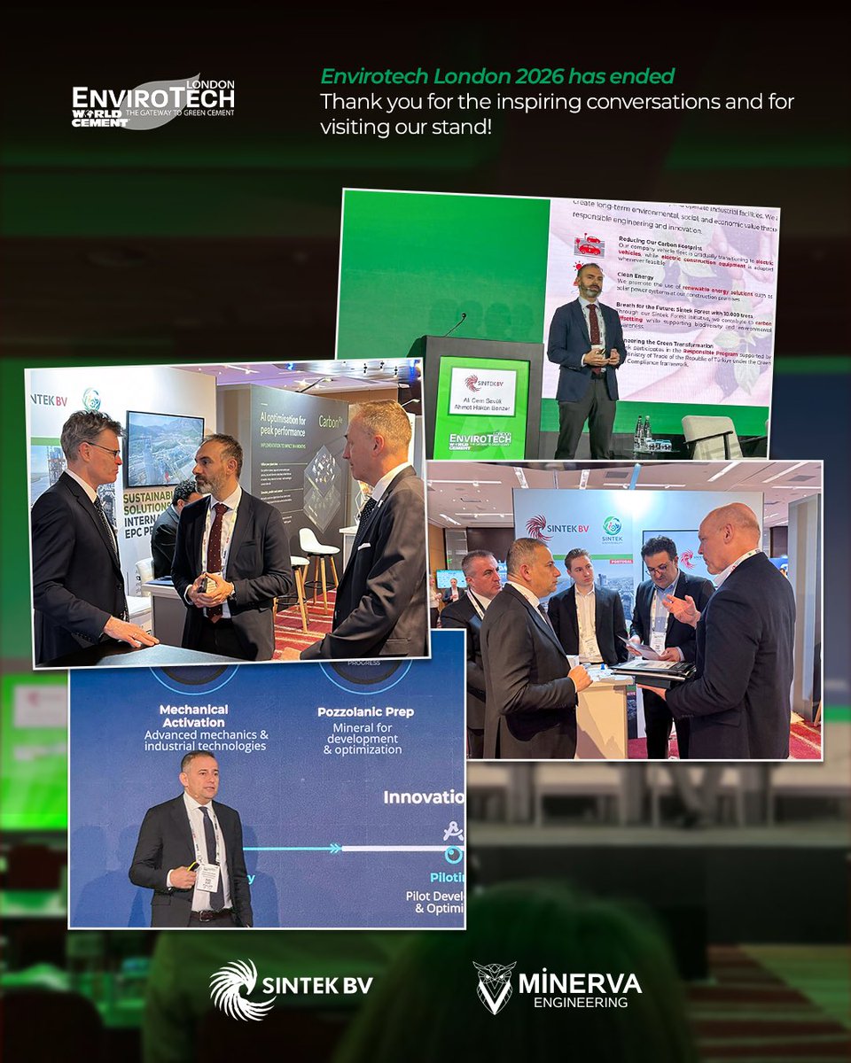 Sintekgroup's tweet photo. Envirotech London 2026 boyunca sektör profesyonelleriyle bir araya gelmek, fikir alışverişlerinde bulunmak ve mühendislik uzmanlığımız ile sürdürülebilirlik vizyonumuzu paylaşmak bizim için mutluluktu. 🌎♻️

Sintek Heavy Industries Genel Müdürü Ali Cem Sevük ve Minerva Mühendislik Kurucu Ortağı Prof. Dr. Ahmet Hakan Benzer “Bridging Tradition and Innovation in Sustainable Cement Production” başlıklı oturumda katılımcılara sunum yaptı. 📈
Standımızı ziyaret eden ve ilham verici paylaşımlara katkıda bulunan herkese teşekkür ederiz! 

**

It was a pleasure for us to come together with industry professionals throughout Envirotech London 2026, exchange ideas, and share our engineering expertise and sustainability vision 🌎♻️

Mr. Ali Cem Sevük, General Manager of Sintek Heavy Industries, and Mr. Ahmet Hakan Benzer, Founder Partner of Minerva Engineering, delivered a presentation titled “Bridging Tradition and Innovation in Sustainable Cement Production”. 📈
We would like to thank everyone who visited our stand and contributed to these inspiring exchanges.

#Sintek #SintekGroup #SintekBV #EnvirotechLondon #Envirotech