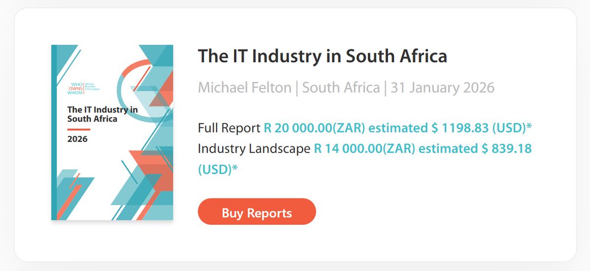 WhoOwnsWhom's tweet photo. South Africa's IT industry revenue grew by about 10% in 2025. Revenue is projected to grow at a CAGR of over 10% to 2030.
Read more: https://t.co/djZHfIU4sP
#WhoOwnsWhom #ITIndustry https://t.co/x4TgtpsmzT