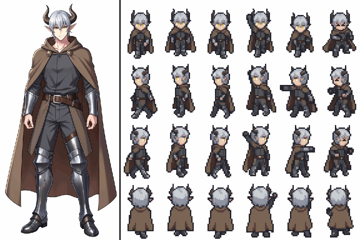 svntax's tweet photo. @Ali_TongyiLab @Alibaba_Qwen @ModelScope2022 More sample spritesheets.

Sprites are 32x48 pixels.

In the video example from the first post, I used k-centroid downscaling on the spritesheets, then upscaled 4x to record the looping animations. I also manually removed the background in the astronaut spritesheet. https://t.co/PPoK8yzLYi