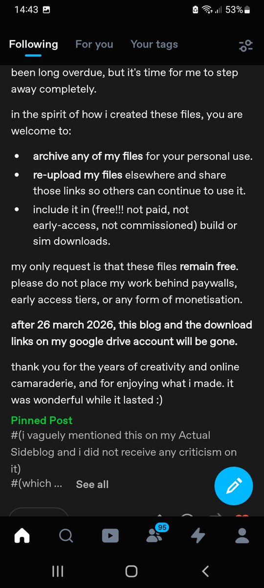 For anyone who isn't on tumblr and uses 
sforzcc  cc items
They're leaving the community and after March 26th their  Google drove with their cc and their tumblr page will be gone.
Link to their tumblr post: tumblr.com/sforzcc/811415…