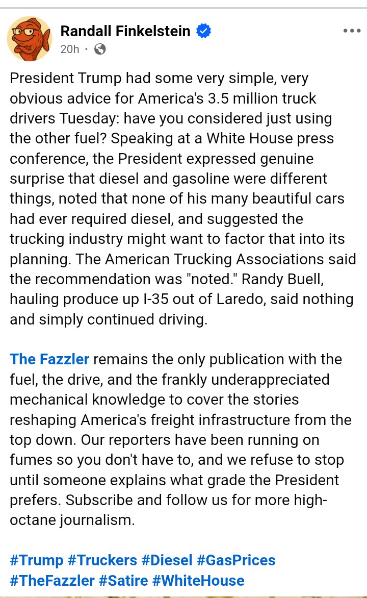 ES03784893's tweet image. Are you a trucker having trouble with the price of diesel?

#Trump suggests you switch to gasoline.

Yes. He is THIS stupid.

It is also not the first time he's had this brilliant insight &amp;amp; suggestion.

#MAGAt truckers-

Wear those red hats proudly.