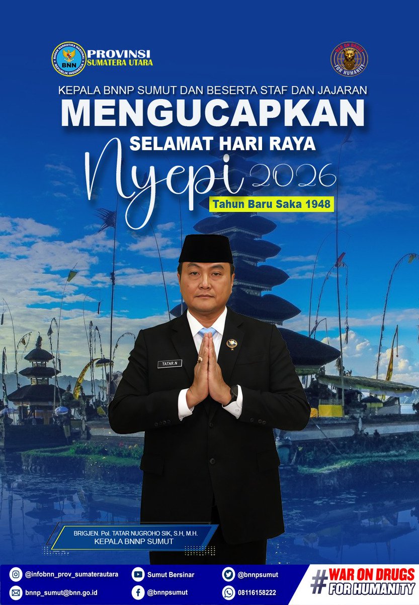 Kepala BNNP Sumatera Utara (Brigjen Pol Tatar Nugroho SIK, SH, MH) Beserta Seluruh Pegawai BNNP Sumatera Utara Mengucapkan Selamat Hari Raya Nyepi (Tahun Baru Saka 1948) 
#sorotan #warondrugsforhumanity #indonesiabersinar #followers #pengikut
<a href="/INFOBNN/">BNN RI</a> 
<a href="/pemprovsu/">Pemprov Sumut</a>