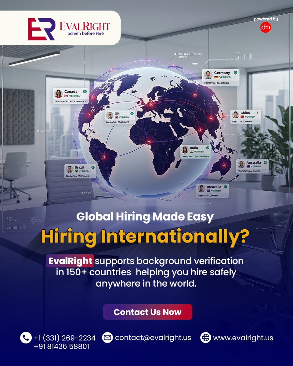EvalRight's tweet photo. Hiring internationally doesn’t have to be complicated.

Whether you're expanding your team across borders or onboarding remote talent, one thing matters most — trust &amp; verification.
#Hiring #HRTech #RemoteWork #GlobalHiring #Recruitment #Startup #BusinessGrowth #HR #Talent https://t.co/1cGLM3pNqx