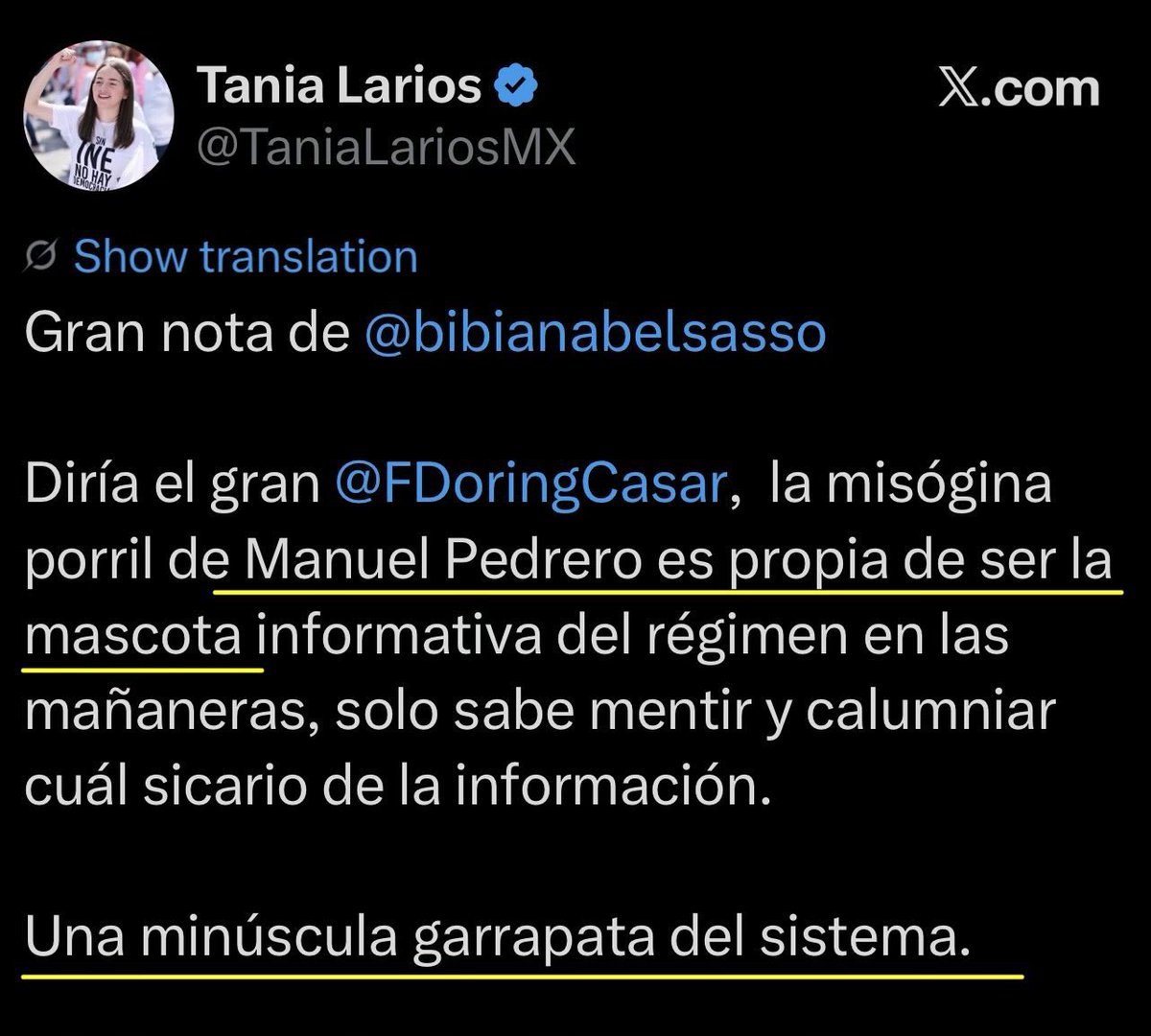 Yo no defiendo a <a href="/YosoyPedrero/">Manuel Pedrero</a> porque su actuar si fue erróneo, sin embargo eso no significa que <a href="/TaniaLariosMX/">Tania Larios</a> sea una víctima. De hecho, Tania Larios sí ha ofendido y agredido directamente a Manuel. 

Se puede criticar a ambos sin defender a ninguno y es exactamente lo que yo
