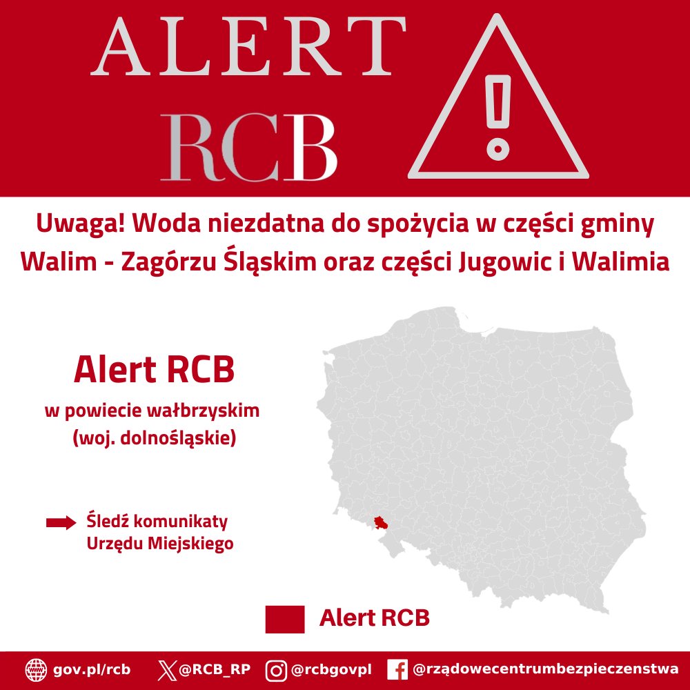 RCB_RP's tweet photo. ‼️Uwaga! Alert RCB‼️
"UWAGA! Woda niezdatna do spożycia w części gminy Walim - Zagórzu Śląskim oraz części Jugowic i Walimia. Śledź komunikaty Urzędu Gminy".
Alert RCB został wysłany do odbiorców na terenie powiatu wałbrzyskiego (woj. dolnośląskie). https://t.co/fQUI4UhA1q