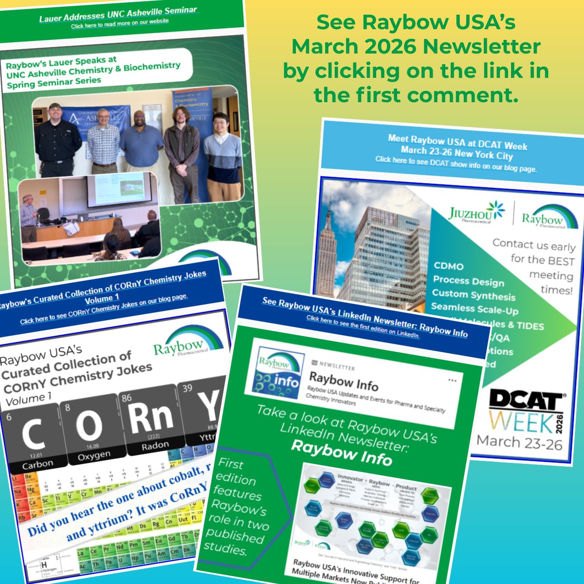 RaybowPharma's tweet photo. See Raybow's March Newsletter by clicking on the link in the first comment. Once there, be sure to sign up for future monthly editions! #syntheticchemistry #analyticalchemistry #specialtychemicals #cdmo #pharmaceuticalresearchanddevelopment #methoddevelopment #gmp #smallmolecule https://t.co/cM1AN1BV7b