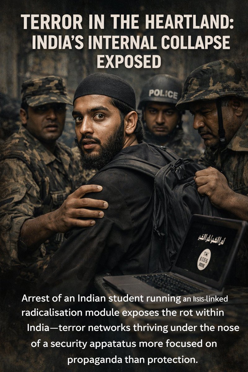 SiddiquiPk47's tweet image. Arrest of an Indian student running an ISIS-linked radicalisation module exposes the rot within India—terror networks thriving under the nose of a security apparatus more focused on propaganda than protection.

#Balochistan #AfghanistanBacksTTP #IranWar‌