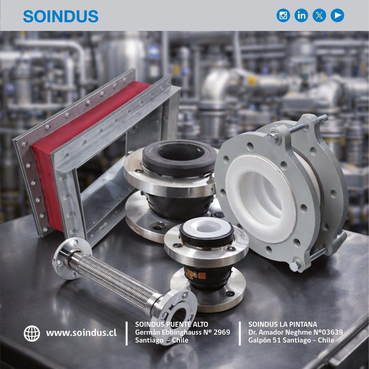 soindus_cl's tweet photo. Las juntas de expansión permiten movimientos entre sus extremos sin deformarse. Su parte principal es el fuelle, que debe ser resistente para soportar la presión del fluido y flexible para adaptarse a desplazamientos y rotaciones. https://t.co/dLSsPkBJgJ