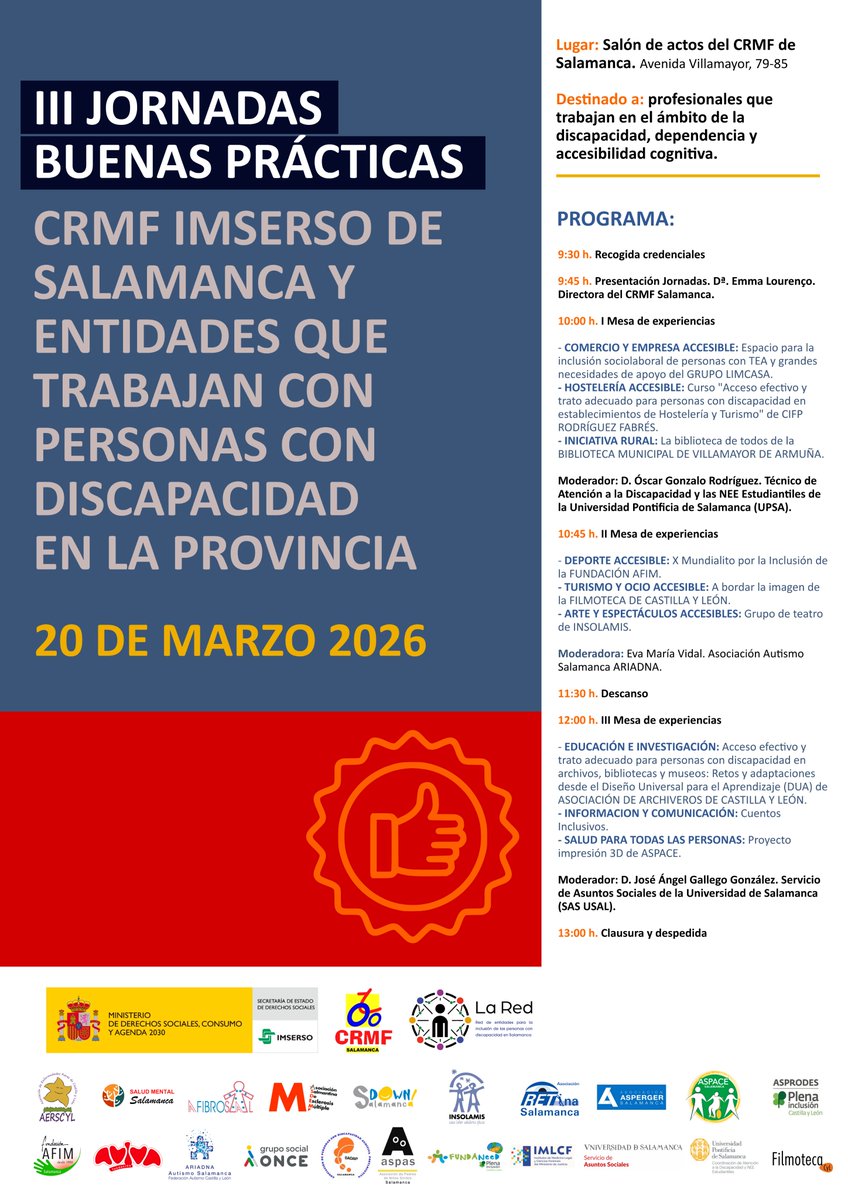 CRMFSalamanca's tweet photo. III Jornadas de Buenas Prácticas en Salamanca
📅 20 marzo 2026
📍 CRMF Salamanca
Un espacio para compartir iniciativas reales en accesibilidad e inclusión 💙

#Inclusión #Accesibilidad #Salamanca #CRMF https://t.co/temF4ZGrOa