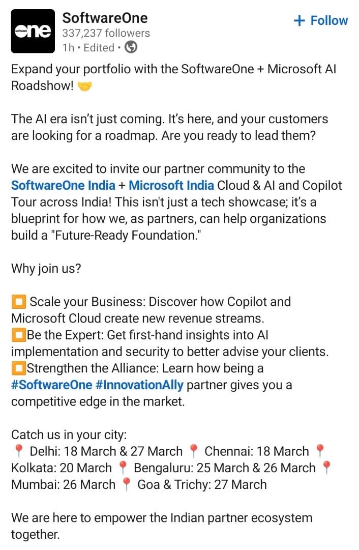 Updatestrichy2's tweet photo. 🚨 Software One + Microsoft Cloud &amp; AI and Copilot Tour Scheduled in 7 City’s Across India and Trichy on 27th March 🥳👏 TN with two city’s 🙌 #Trichy #Chennai #Microsoft #Softwareone https://t.co/lMUFRvB9cP