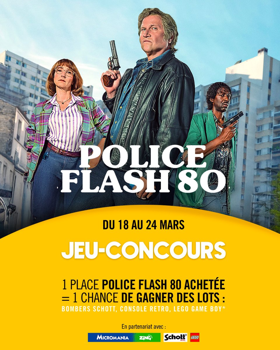 pathecinemas's tweet photo. À l’occasion de la sortie de #PoliceFlash80, tentez votre chance !
Jusqu'au 24 mars, 1 place achetée = 1 chance de gagner des lots : bombers Schott, console rétro ou encore LEGO Game Boy. Réservez vos places ici : https://t.co/pVZRvpkNdU https://t.co/5bFqbCnvtE