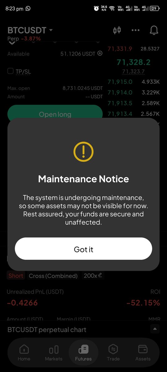 shewazk9's tweet photo. Well done @WEEX_Official  
Maintenance time on #Bitcoin @FIU at high volume trading moment without any prior notice. So nice of you @WEEX_Official https://t.co/3QIOYItomd
