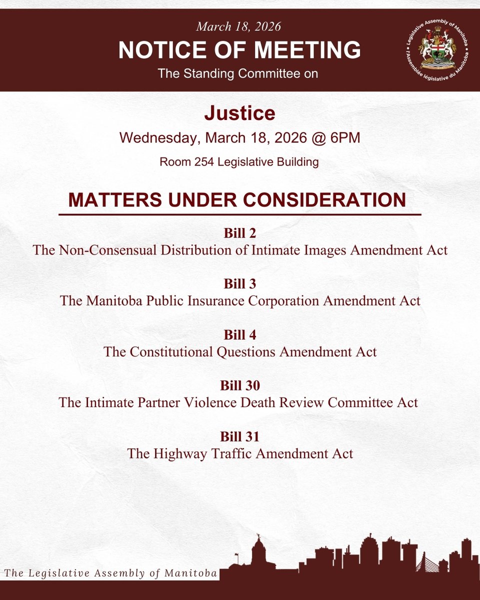 MBLegislature's tweet image. Live @ 6:00pm – Wednesday, March 18, 2026
Standing Committees on Social and Economic Development – Chamber
&amp;amp;
Standing Committees on Justice – Room 254
📺 Watch the broadcast:
gov.mb.ca/legislature/co…
#Manitoba #LegMB #broadcast #Live