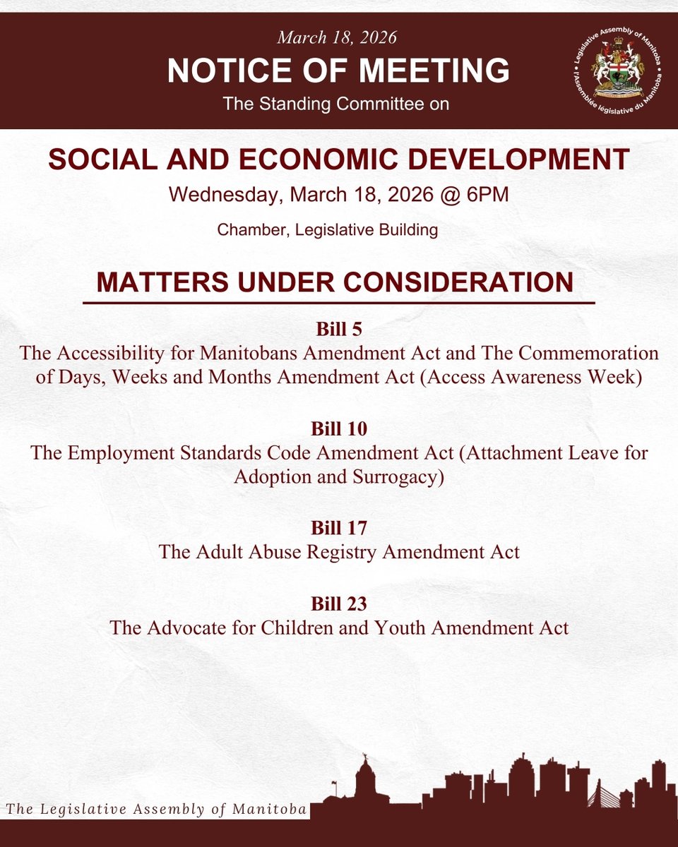 MBLegislature's tweet image. Live @ 6:00pm – Wednesday, March 18, 2026
Standing Committees on Social and Economic Development – Chamber
&amp;amp;
Standing Committees on Justice – Room 254
📺 Watch the broadcast:
gov.mb.ca/legislature/co…
#Manitoba #LegMB #broadcast #Live