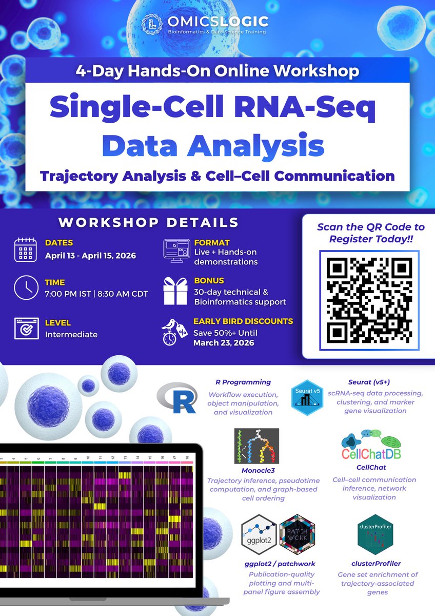 OmicsLogic's tweet photo. 🚨𝟒-𝐃𝐚𝐲 𝐇𝐚𝐧𝐝𝐬-𝐎𝐧 𝐎𝐧𝐥𝐢𝐧𝐞 𝐖𝐨𝐫𝐤𝐬𝐡𝐨𝐩 𝐨𝐧 𝐒𝐢𝐧𝐠𝐥𝐞-𝐂𝐞𝐥𝐥 𝐑𝐍𝐀-𝐒𝐞𝐪 𝐃𝐚𝐭𝐚 𝐀𝐧𝐚𝐥𝐲𝐬𝐢𝐬! 🧬💻

🔗 𝐑𝐞𝐠𝐢𝐬𝐭𝐞𝐫 𝐡𝐞𝐫𝐞: https://t.co/f3CPnHgwe8

#SingleCellRNASeq #scRNAseq #TrajectoryAnalysis #CellCellCommunication https://t.co/CuULrcpfnm