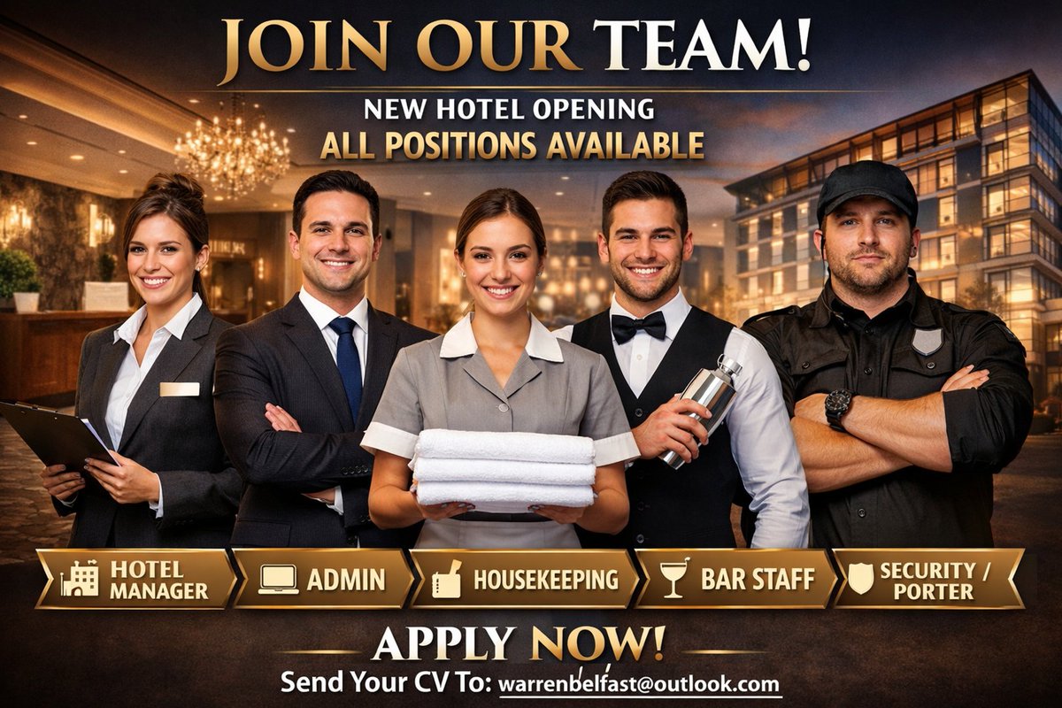 🚨 WE’RE HIRING 🚨

Big things are happening in Belfast – and we’re building a brand new team for our latest hotel opening.

We’re looking for:
✨ Hotel Manager
✨ Admin
✨ Housekeeping
✨ Bar Staff
✨ Security / Porter

📩 Send your CV to: warrenbelfast@outlook.com