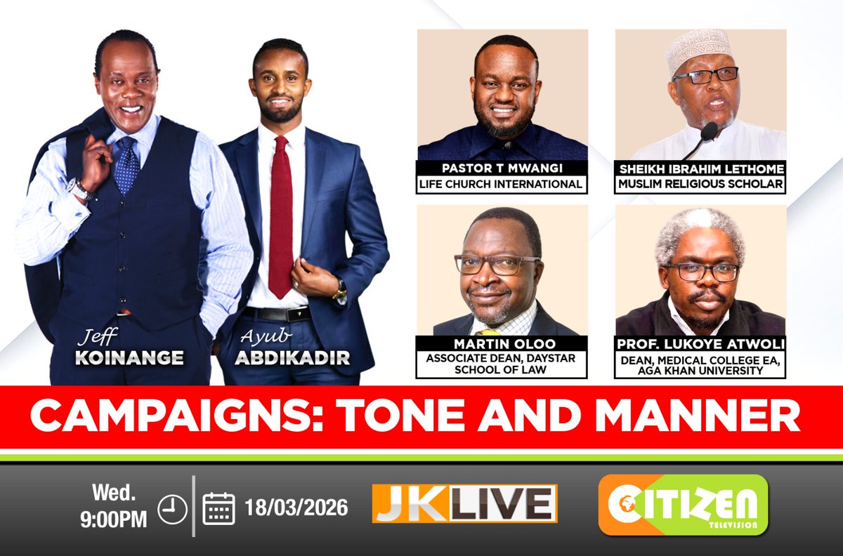 KoinangeJeff's tweet image. If it's Wednesday, you know it's #JKLIVE @citizentvkenya from 9pm TAAAAANITE.

It's time to lower the political temperatures and focus on country first and everything else second.

Join the conversation and Spread THE WORD!!

@monicakiragu_ @gichdxp