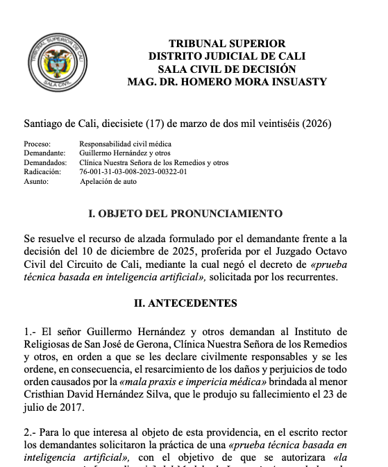 avcanosa's tweet photo. Leí completo el auto del Tribunal Superior de Cali (17/03/2026). Y hay que decirlo claro: la discusión está mal planteada. Se rechaza a ChatGPT como perito porque “no tiene responsabilidad”. Pero ese no es el punto. El punto es si el Derecho está preparado (o no) para incorporar conocimiento que ya superó sus categorías.