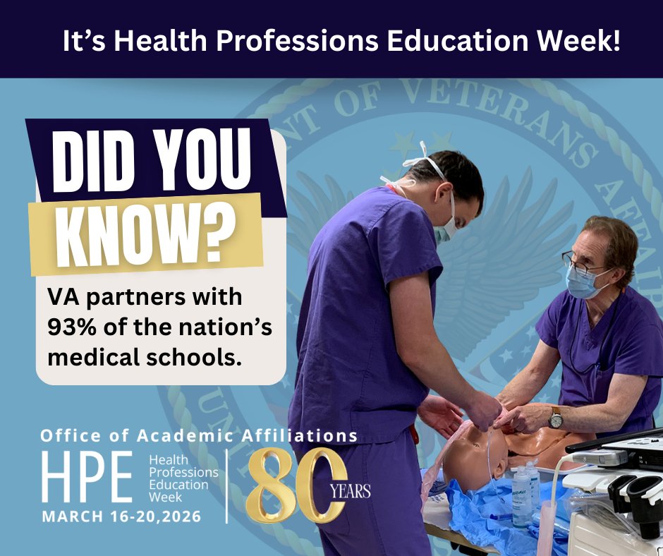 As we continue to celebrate Health Professions Education Week, we would like to thank the more than 1,500 academic institutions VA partners with to train the next generation of health professionals for VA and the nation. #Veterans #HPEWeek2026